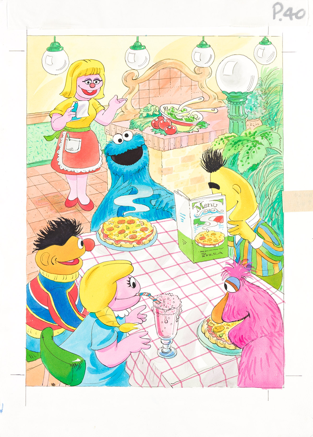(SESAME STREET) Bert, Ernie, and Cookie Monster at a restaurant with friends.